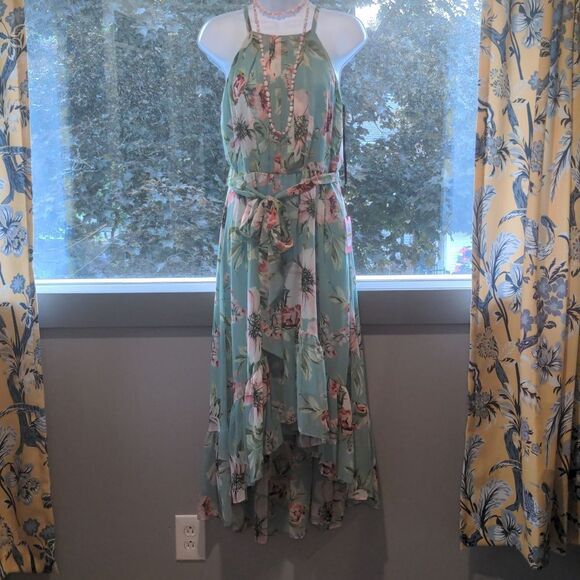 Vince Camuto Printed Chiffon Halter Dress High Low Sage 12 - Picture 1 of 5